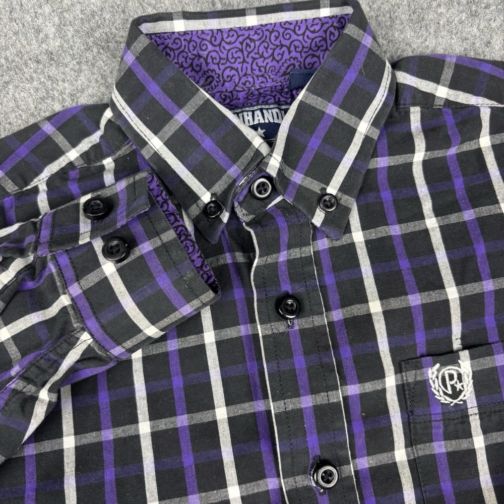 Panhandle Western Shirt Boys Small 6 Purple Black Plaid Button Up Cowboy Rodeo